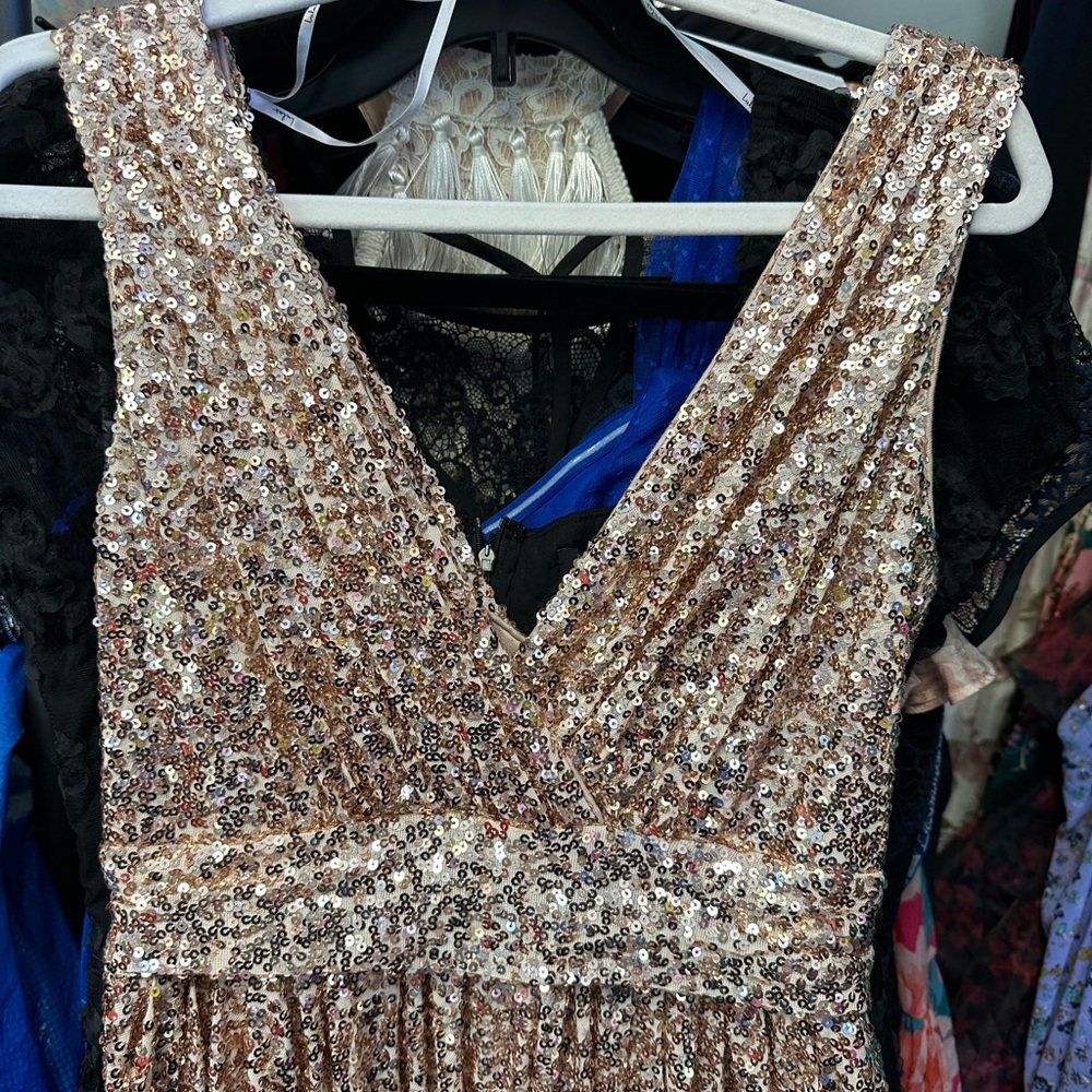 Badgley Mischka Blush sequins V neckline. Ruched waist glitzy and classic mini - Picture 9 of 16